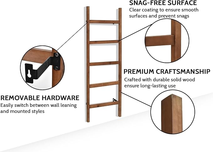 FUIN Wall Mounted 57in Wooden Blanket Ladder Living Room Decorative Farmhouse Quilt Display Holder Rustic Wood Towel Rack for