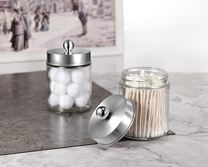 Amolliar 4Pc Apothecary Jars Bathroom Vanity Storage Organizer Set -Countertop Canister with Stainless Steel Lids &Stickers -