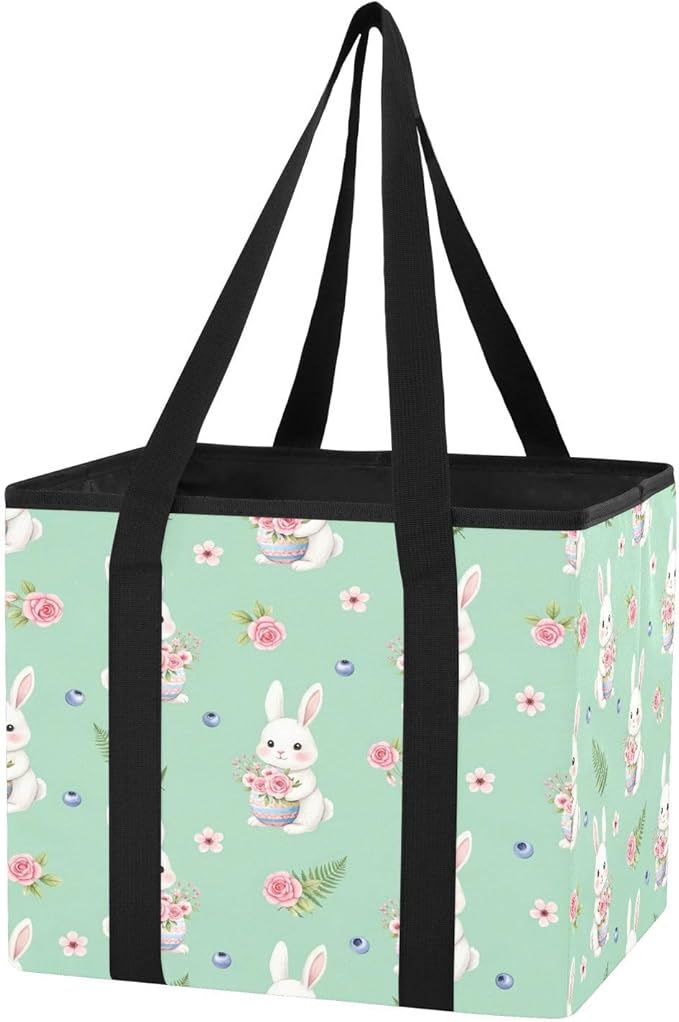 Bunny Floral Pattern Reusable Grocery Bags Large Shopping Tote Bag with Reinforced Bottom Board, Water Resistant Foldable Sto