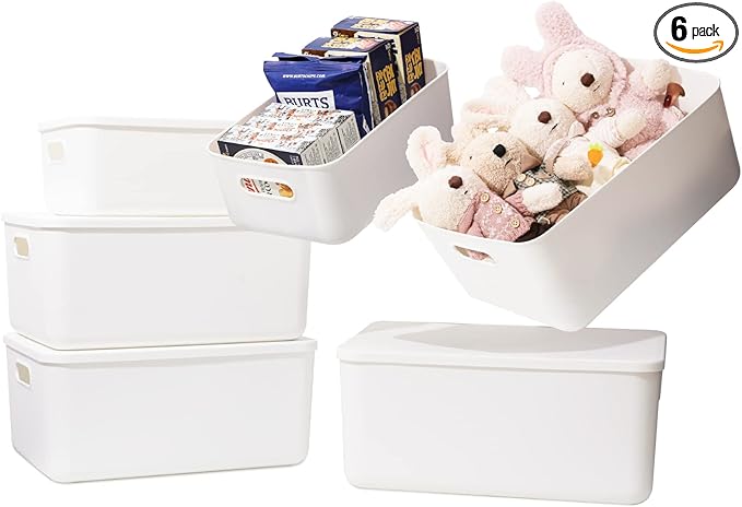 Yishyfier Plastic Storage Baskets Bins Boxes With Lids,Organizing Container White Storage Organizer Bins For Shelves Drawers 