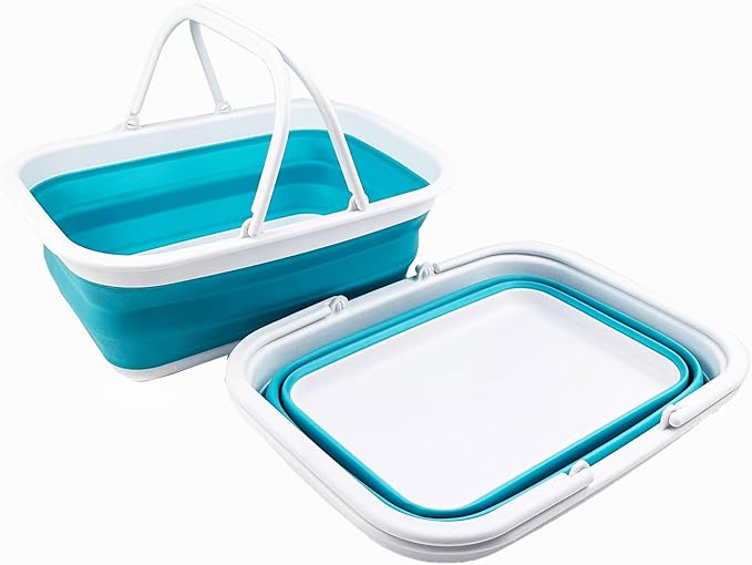 SAMMART 9.2L (2.37Gallon) Collapsible Tub with Handle - Portable Outdoor Picnic Basket/Crater - Foldable Shopping Bag - Space Saving Storage Container (2, White/Bright Blue)