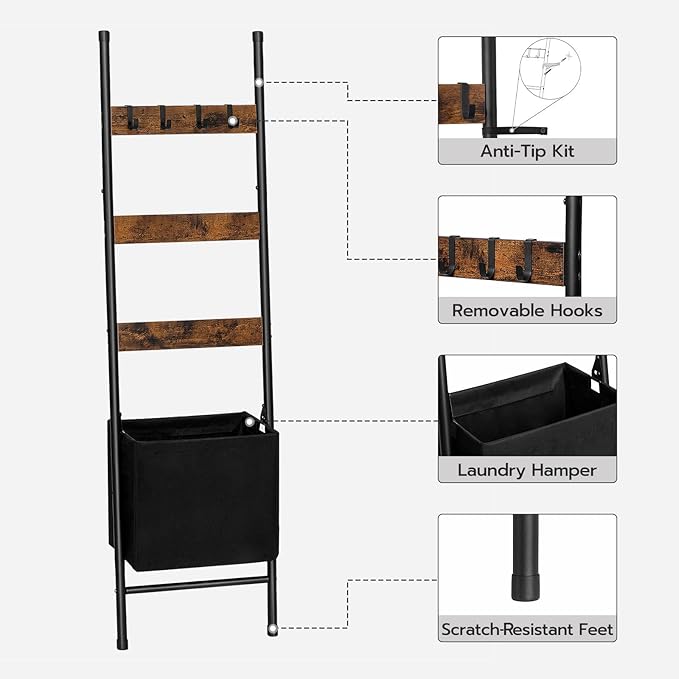 HOOBRO Blanket Ladder with Basket, 17.3”L x 63.4”H, Towel Rack with Hooks, Blanket Holder Rack, Decorative Ladder Shelf, Dryi