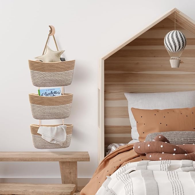 Over the Door Hanging Basket for Organizing 3 Tiers Woven Cotton Rope Wall Mount Storage basket Decorative Kitchen Hanging Or
