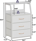 Furnulem White Nightstand with 3 Drawers and 2-Tier Shelf, Small Night Stand End Table Side Furniture, Fabric Storage Organiz