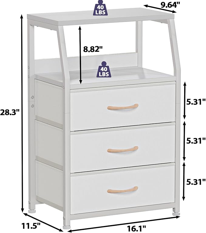 Furnulem White Nightstand with 3 Drawers and 2-Tier Shelf, Small Night Stand End Table Side Furniture, Fabric Storage Organiz