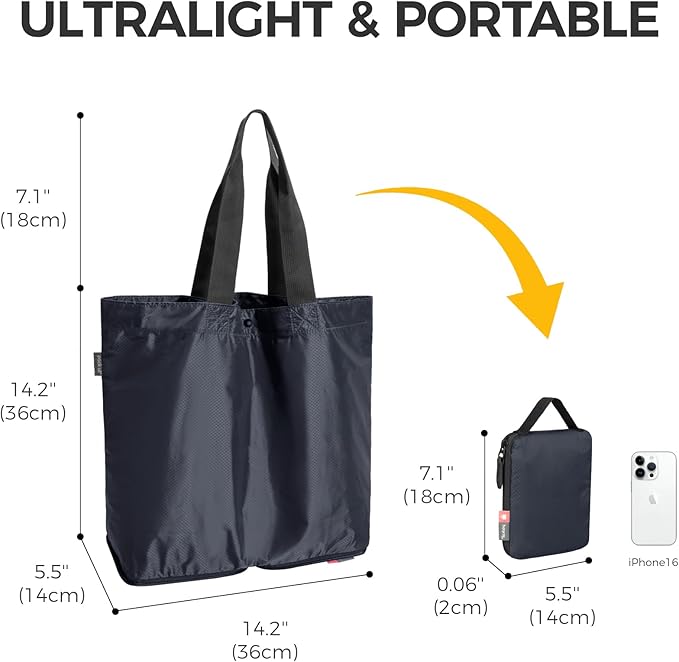 pack all 16L Lightweight Packable Tote Bag, Water Resistant Foldable Grocery Bag, Reusable Shopping Bag (Navy Blue)
