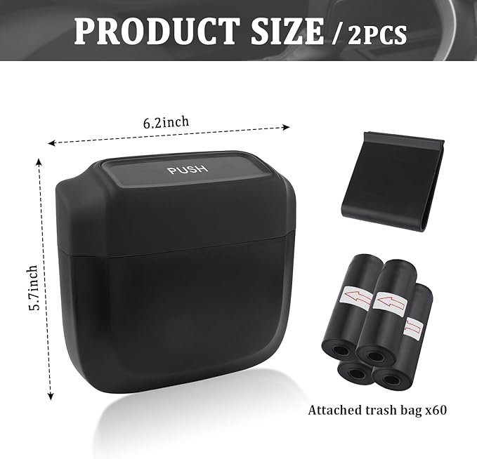 2PCS Car Trash Can with Lid + 60PCS Garbage Bags,Mini Trash Can Interior Accessories for Door/Seat/Center Console/Home/Office,Multifunctional Car Organizers and Storage (Black)