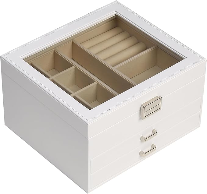 BOOVO Clear Lid Jewelry Box,3 Layers Jewelry Organizer Large Multi-Functional Jewelry Storage Box with 2 Drawers,Jewelry Disp