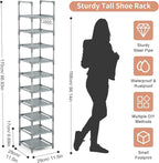 LANTEFUL Narrow Shoe Rack 10-Tier Tall Shoe Organizer Skinny Shoe Shelf Storage for 10-15 Pairs Shoe and Boot, Space Saving C