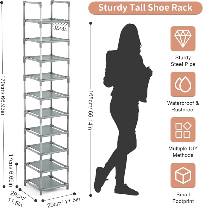 LANTEFUL Narrow Shoe Rack 10-Tier Tall Shoe Organizer Skinny Shoe Shelf Storage for 10-15 Pairs Shoe and Boot, Space Saving C