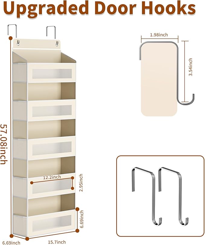 Over The Door Organizer with 5 Large Pockets, Over the Door Storage 10 Side Pocket 44 lb Load Behind Door Storage, Closet Doo
