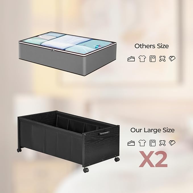 Under Bed Storage with Wheels, Wooden Under Bed Drawers On Wheels, Rolling Under Bed Shoe Storage, Space Saving, Black,Quadru