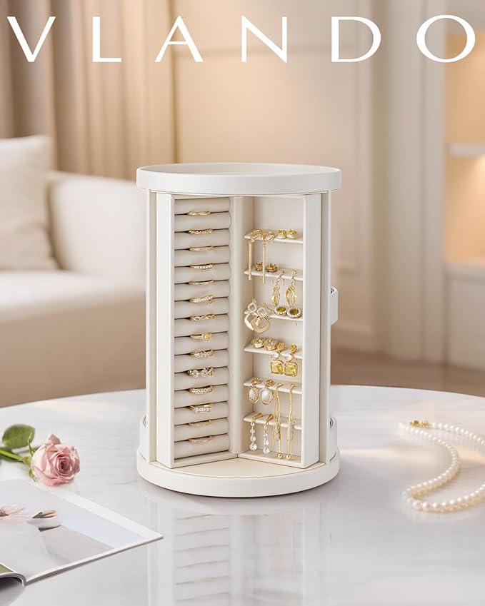 Vlando 360°Rotating Jewelry Box,Earring Organizer Large Vertical Jewelry Organizer with 6 Necklace Hooks, Open Ring Display S
