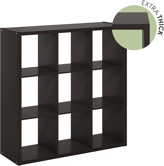 Furinno CUBICLE Book Shelf, 9-Cube Bookshelf, Extra Thick Frame Reversible Bookcase with Open Back, 14.6" x 44" x 44", for Li