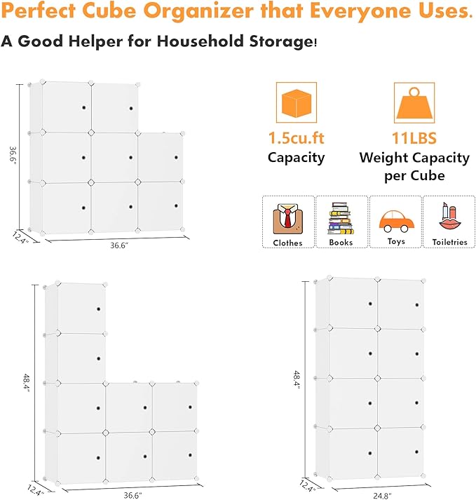 C&AHOME Cube Storage Organizer with Doors, 8-Cube Shelf, Closet Cabinet, DIY Plastic Modular Bookshelf, Storage Shelves Ideal