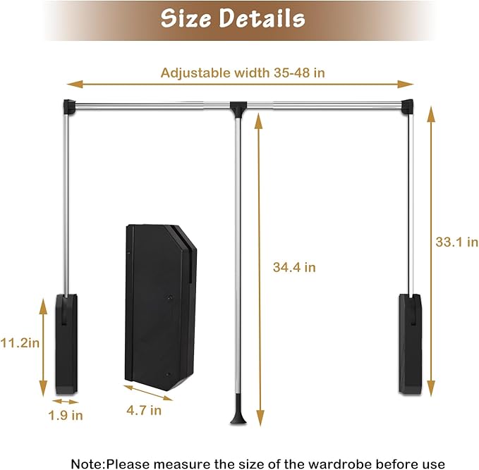 Pull Down Closet Rod Stainless Steel,35"-48" Adjustable Wardrobe Lift Rail Rod,60 lbs Load Capacity,Side & Back Mounted Close
