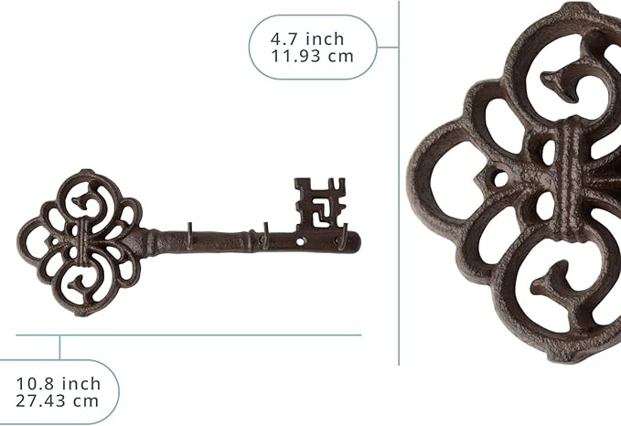 Comfify Cast Iron Skeleton Key Holder for Wall - Decorative Farmhouse Rustic Wall Mount Key Organizer - 3 Key Hooks - Vintage