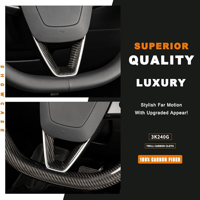 JSWAN Carbon Fiber Steering Wheel Panel Cover Fit for Tesla Refreshed Model 3 Highland Performance (2024+) Model Y Juniper (2025+) Steering Wheel Frame Trim Cover Accessories (Gloss Twill Weave)