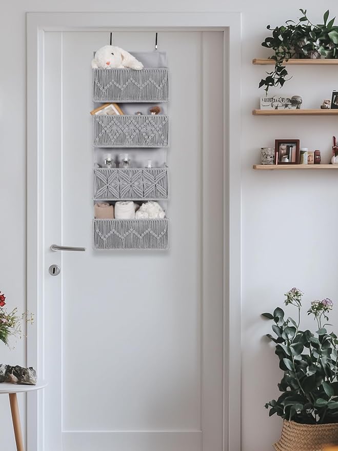 Macrame Over the Door Organizer Boho Decor Nursery Storage, Leaf Weaving Closet Storage, 4 Hanging Pockets, Behind Door for B