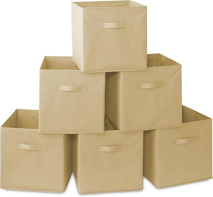 Casafield Set of 6 Collapsible Fabric Cube Storage Bins, Sandy Beige - 13" Foldable Cloth Baskets for Shelves, Cubby Organize