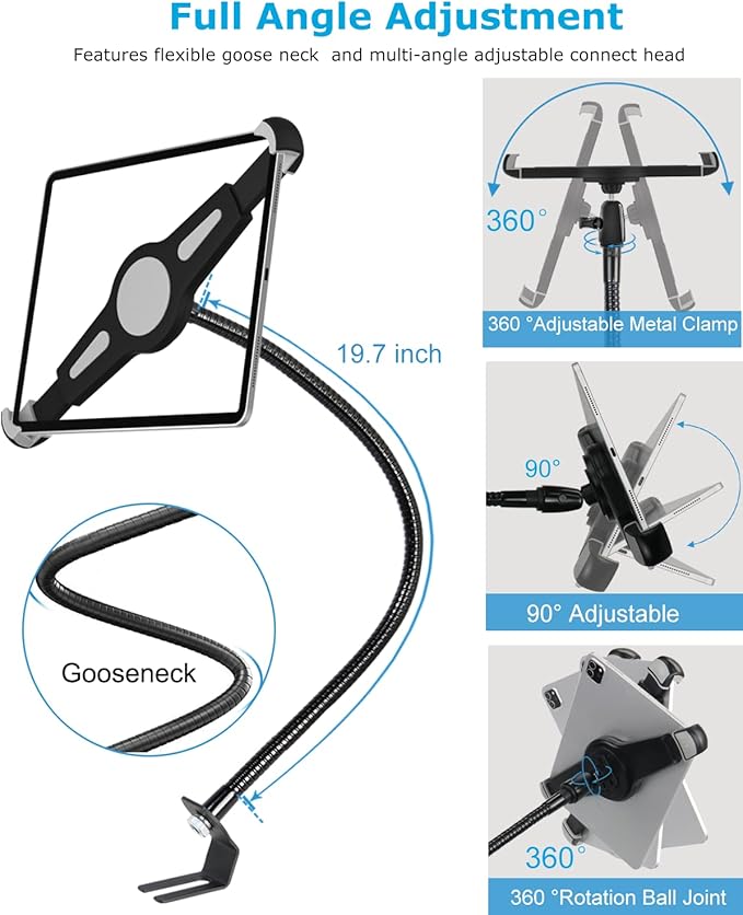 woleyi Gooseneck Car/Truck Seat Rail Large Tablet Mount, Heavy Duty Long Arm Tablet Holder for Car, Vehicle Floor Bolt Compatible with iPad Pro 13/Air, Galaxy Tabs, Surface Pro/Go, 9.5-14.5" Tablets