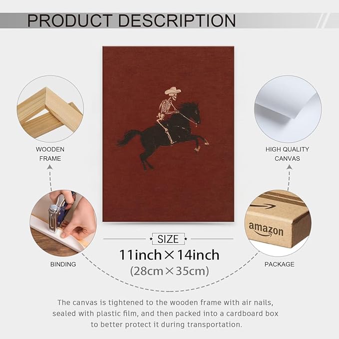 Retro Western Framed Wall Art Skeleton Cowboy Poster Vintage Bucking Bronco Prints Quirky Western Horse Rider Painting Hallow
