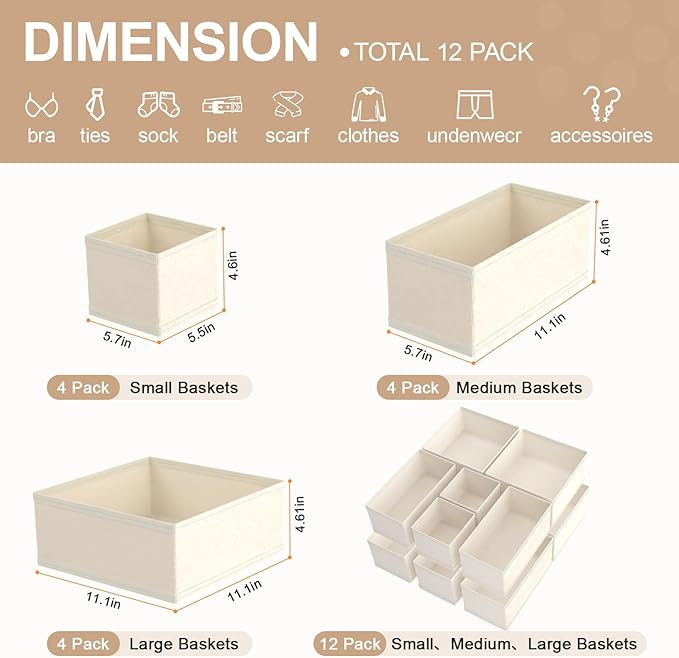 Drawer Organizer Clothes & Dresser Organizers - 12 Pack Foldable Drawer Dividers, Baby Clothes Organizer & Nursery Storage fo