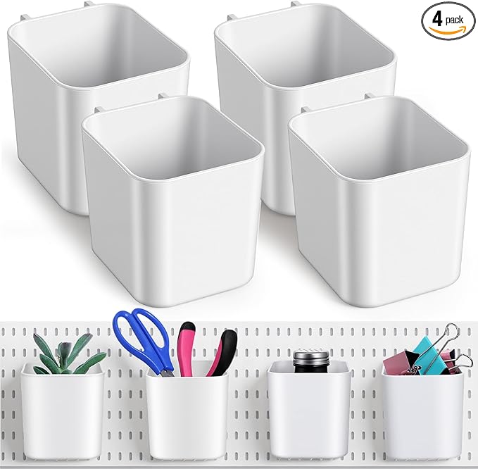 4Pack Pegboard Accessories, Pegboard Cups with Hooks 2.9 x 3.5 x 3.2 Inch Pegboard Bins Accessories Top Storage Containers Pe