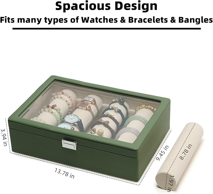 Bracelets Organizer Rods Bangles Display Holder, Clear See through Lid Leather Velvet Jewelry Storage Box Case for Women, 4 R