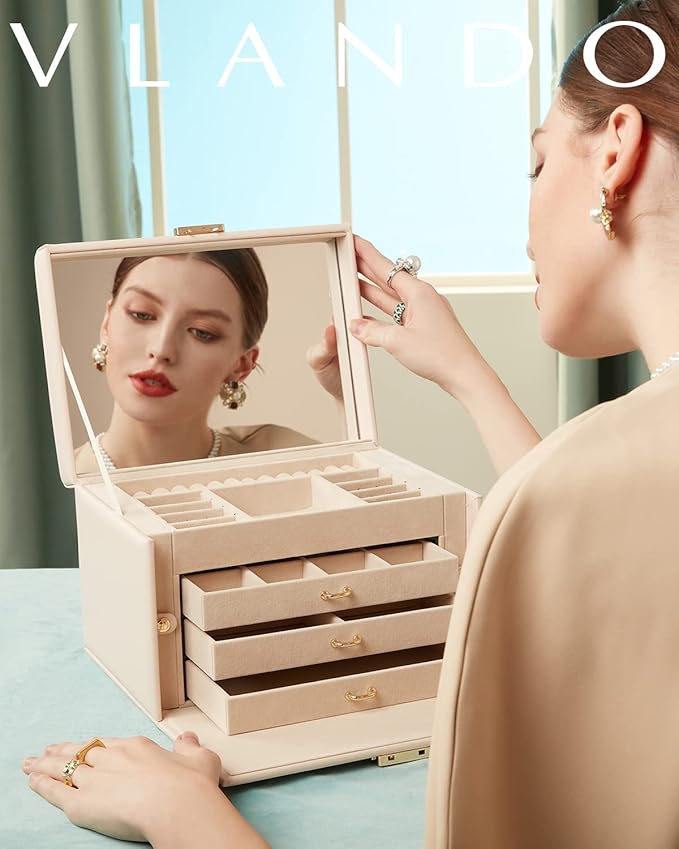Vlando Jewelry Box for Mothers Day Teacher Appreciation Gifts, 4-Tier Jewelry Organizer with Lock, Mirror Jewelry Box for Ear