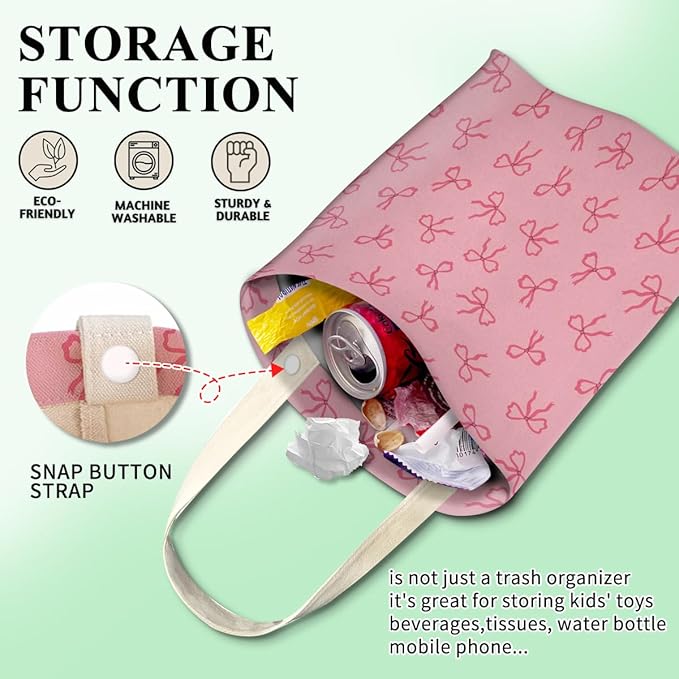 Car Trash Can, Cute Car Trash Bag, Hanging Car Organizer and Storage Bag, Trash Bin for Car Accessories, Vehicle, Travelling, Camping Cute Pink Bow