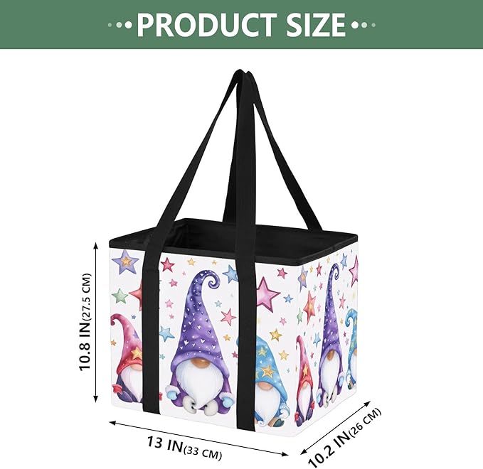 Three Cute Gnome Reusable Grocery Bags Large Shopping Tote Bag with Reinforced Bottom Board, Water Resistant Foldable Storage