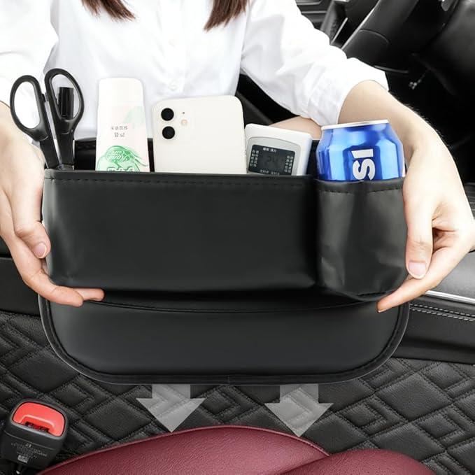 2-Pack Car Seat Gap Filler Organizer, Leather Storage Box with Cup Holder for Driver & Passenger Side, Gap Bag Front Seat Car Storage Accessories for Phone Keys Sunglasses Wallet(COLOR:Black)