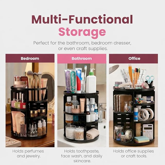 360 Rotating Makeup Organizer - Adjustable Shelf Height and Fully Rotatable. The Perfect Cosmetic Organizer for Bedroom Dress