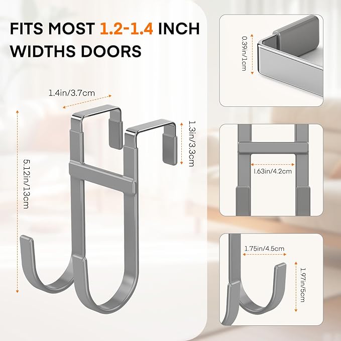 FYY Over The Door Hooks - 4 Pack Heavy Duty Dual-Hook Organizer Hanger with Non-Slip Rubber for Towels, Clothes, Hats & Bags 