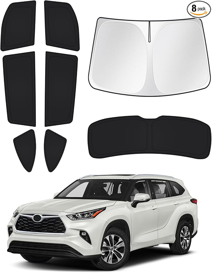 Windshield Sun Shade for 2020-2025 2026 Toyota Highlander Accessories Side Rear Window Shade Cover Set Window Sun Visor Privacy for Camping Keep Vehicle Cool Black 8PCS