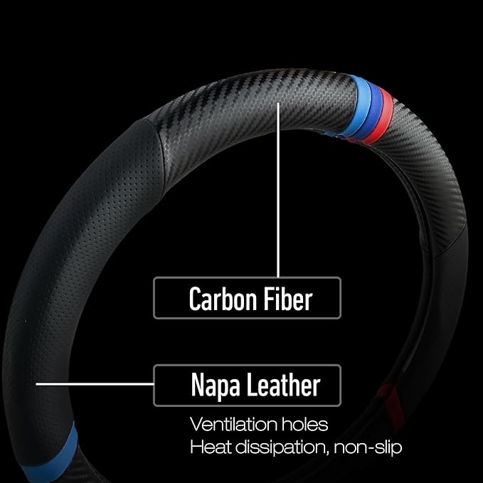 Carbon Fiber Steering Wheel Cover, Non-Slip and Sweat Absorbent, 15" Steering Wheel Covers for X5 X3 Men Women, Black