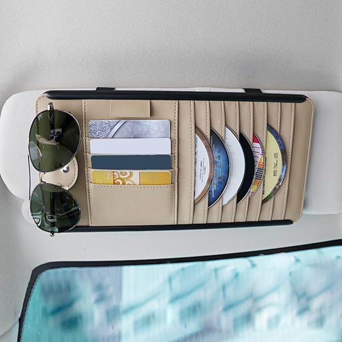 Car Sun Visor Pocket Organizer, Car CD/DVD Holder Storage Case, Multi-Pocket Visor Organizer Storage Pouch, Glasses Clip Storage Bag, Auto Interior Accessories Pockets Organizer (Beige)
