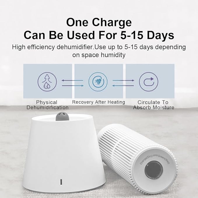 Reusable Cordless Gun Safe Mini Dehumidifier, Rechargeable with Heating Base, Quiet Small Portable Drier Stick for Space