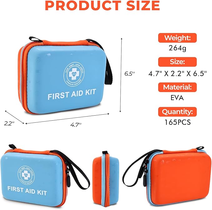Small First Aid Kit - 165 Piece Dual-Color Emergency Medical Kit with Hard Shell & Fluorescent Exterior Coating, Emergency Fi