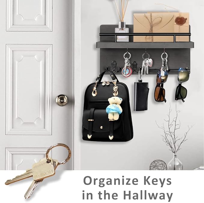 OurWarm Wall Mounted Key Hanger with 5 Hooks, Decorative Wooden Mail Organizer with Shelf, Rustic Home Decor for Entryway, Mu