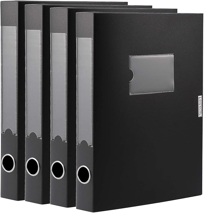 A4 Storage File Boxes Archives Cases, Foldable Plastic File Folder, Thickened to 5.8cm,Large Capacity,Black(Pack of 4)