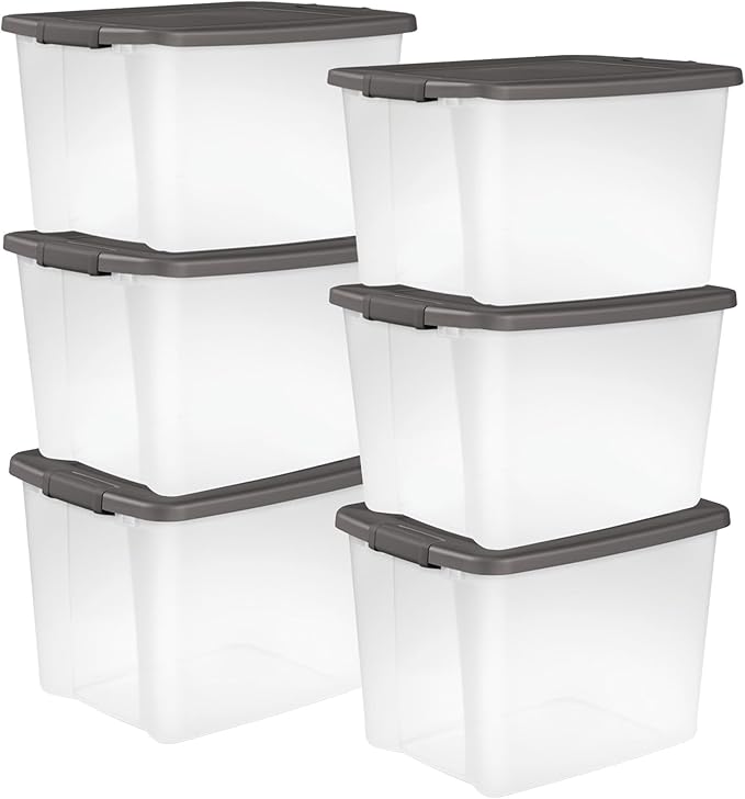 Sterilite 6-Pack ShelfTote, Clear Plastic Storage Bins with Lids, 50 Quart, Gray - Stackable Organizing Container Boxes for C