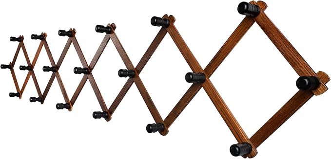 Accordion Wall Hanger, Wood Expandable Wall Mounted Hanger with 19 Hooks for Coats,Hats,Coffee Mug Ect,19Pegs, Walnut Color,R