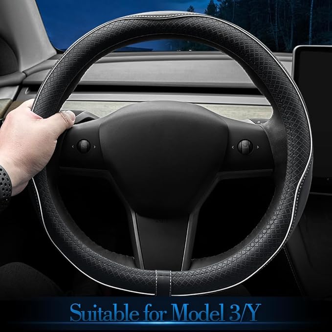 LKWLIKEI Nappa Leather Ultra-Thin Steering Wheel Cover, for Tesla Model 3/Y Steering Wheel Cover, Non-Slip Design and Interio