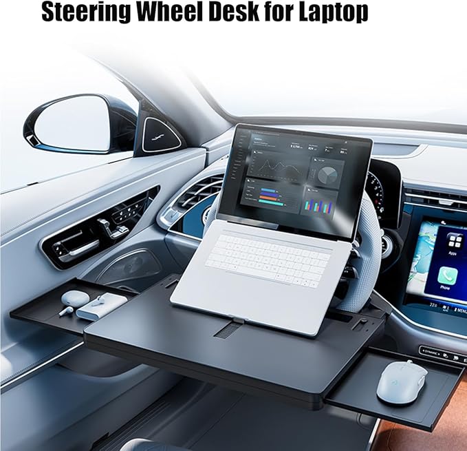 2 in 1 Large Steering Wheel Desk with Dual Slide-Out Trays, Steering Wheel Table Tray Fits for Most Cars, Adjustable Laptop Tray for Car