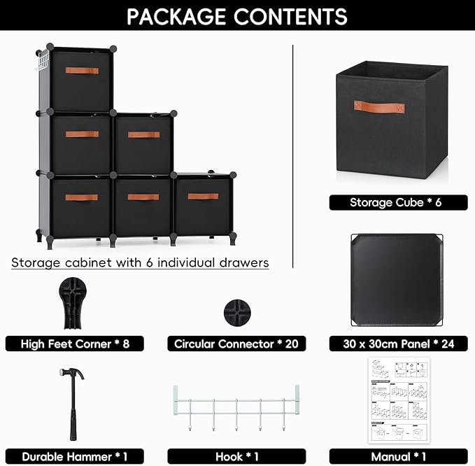 Cube Storage Organizer with Storage Bins, 6-Cube Shelves Units with 6 Organizer Bins, DIY Plastic Storage Shelves with Mallet
