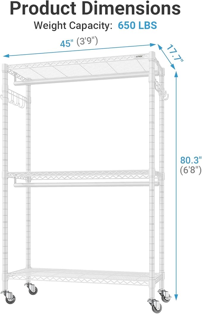 VIPEK R2 Plus Rolling Garment Rack 3 Tiers Adjustable Wire Shelving Clothes Racks with Wheels, Freestanding Wardrobe Storage 