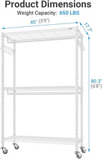 VIPEK R2 Plus Rolling Garment Rack 3 Tiers Adjustable Wire Shelving Clothes Racks with Wheels, Freestanding Wardrobe Storage 