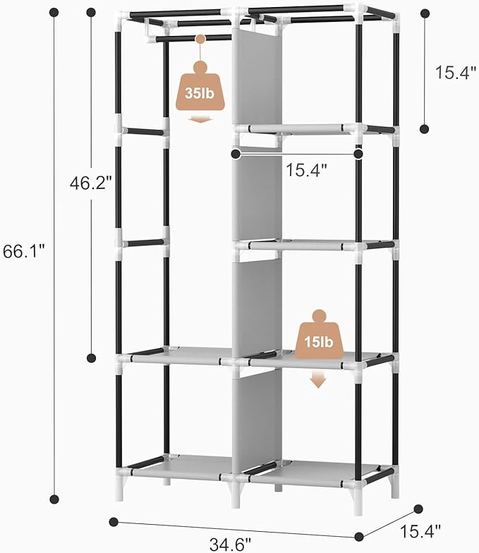 ROJASOP Portable Closet Wardrobe Closet for Hanging Clothes with 6 Storage Shelves, 1 Hanging Rod and 4 Pockets, Free Standin